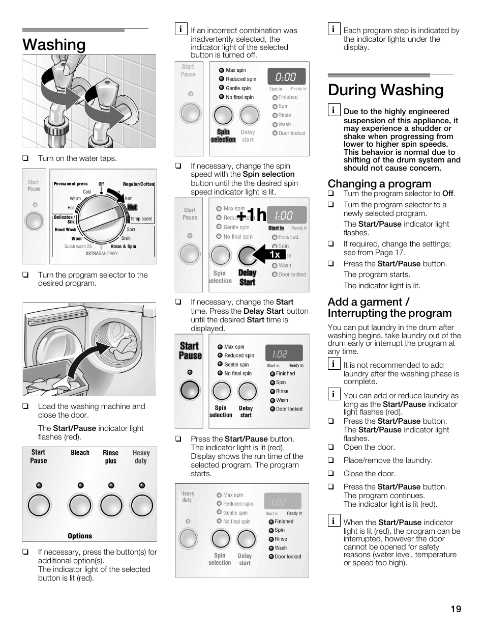 Washing, During washing, Changing a program | Add a garment / interrupting the program | Bosch WFMC4301UC User Manual | Page 19 / 80