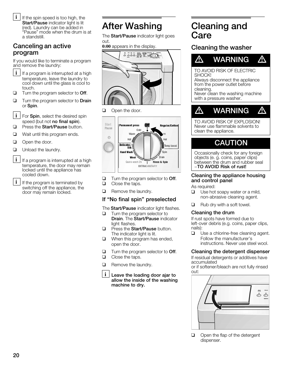 After washing, Cleaning and care, Warning | Caution, Canceling an active program, Cleaning the washer | Bosch WFMC4301UC User Manual | Page 20 / 80