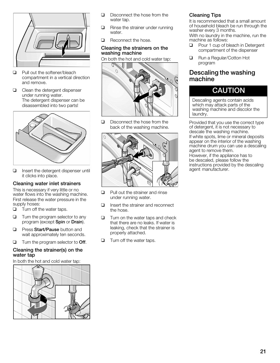 Caution, Descaling the washing machine | Bosch WFMC4301UC User Manual | Page 21 / 80