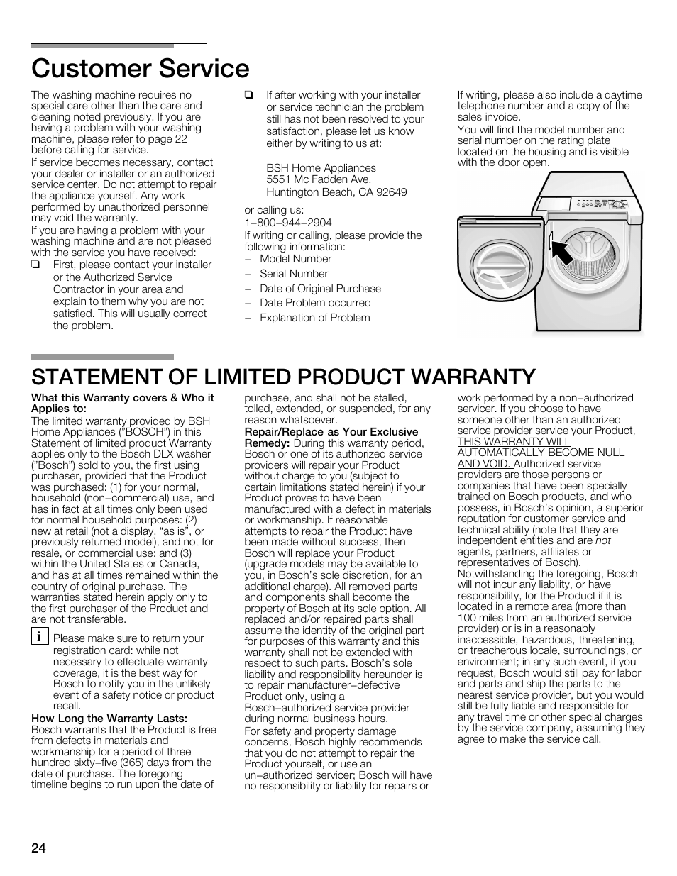 Customer service, Statement of limited product warranty | Bosch WFMC4301UC User Manual | Page 24 / 80