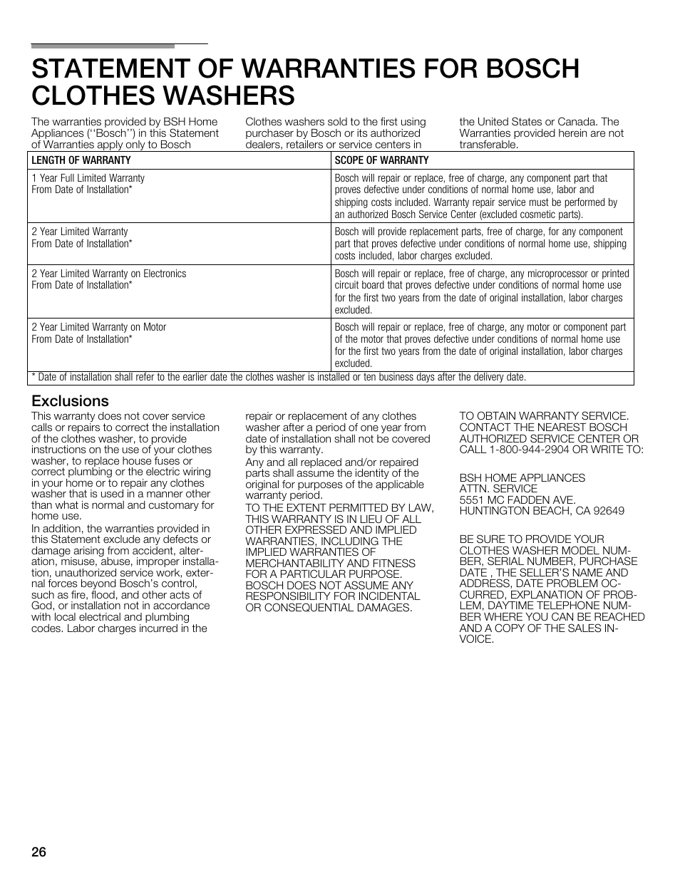 Statement of warranties for bosch clothes washers, Exclusions | Bosch WFMC4301UC User Manual | Page 26 / 80