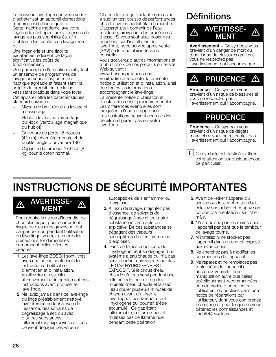 Instructions de sécurité importantes, Définitions d, Avertisseć ment | Prudence | Bosch WFMC4301UC User Manual | Page 28 / 80