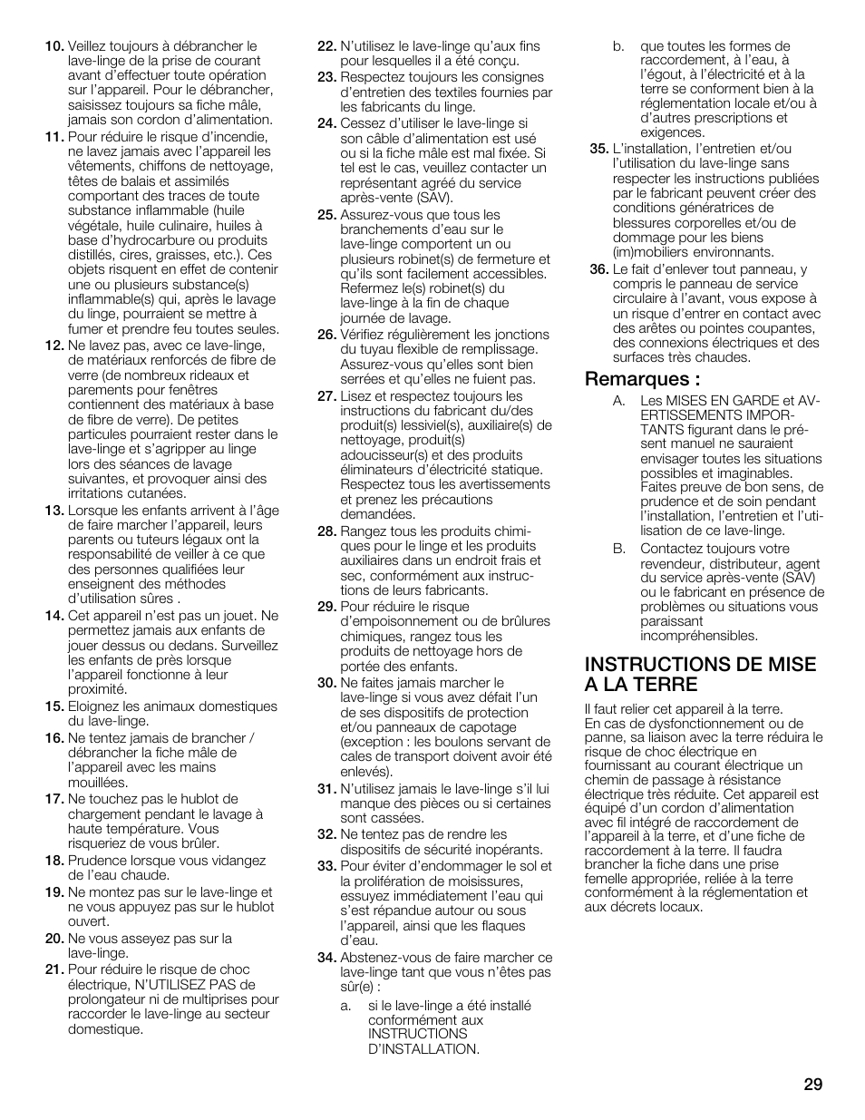 Remarques, Instructions de mise a la terre | Bosch WFMC4301UC User Manual | Page 29 / 80