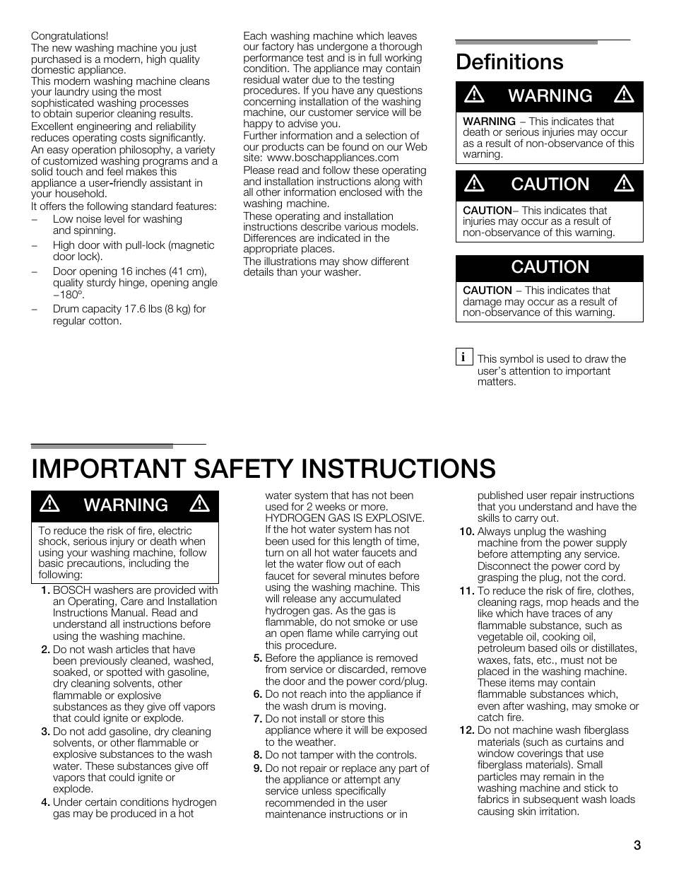 Important safety instructions, Definitions d, Warning | Caution | Bosch WFMC4301UC User Manual | Page 3 / 80