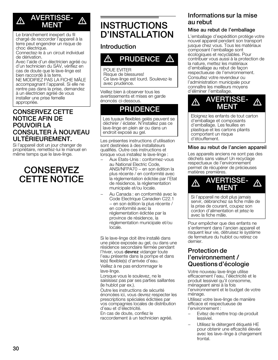 Conservez cette notice instructions d'installation, Avertisseć ment, Prudence | Introduction, Informations sur la mise au rebut | Bosch WFMC4301UC User Manual | Page 30 / 80