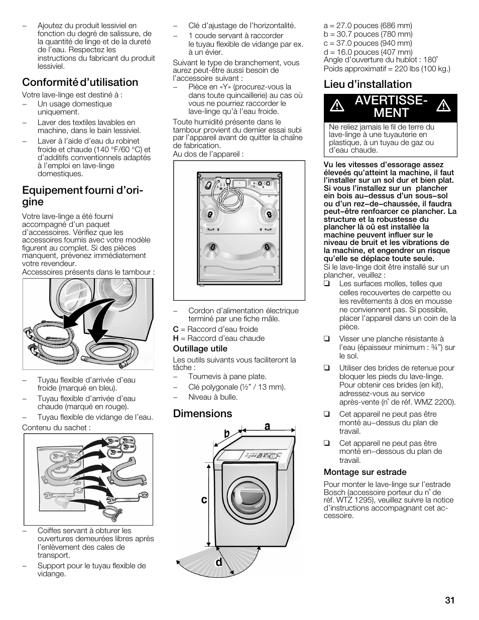 Avertisseć ment, Conformité d'utilisation, Equipement fourni d'orić gine | Dimensions, Lieu d'installation | Bosch WFMC4301UC User Manual | Page 31 / 80