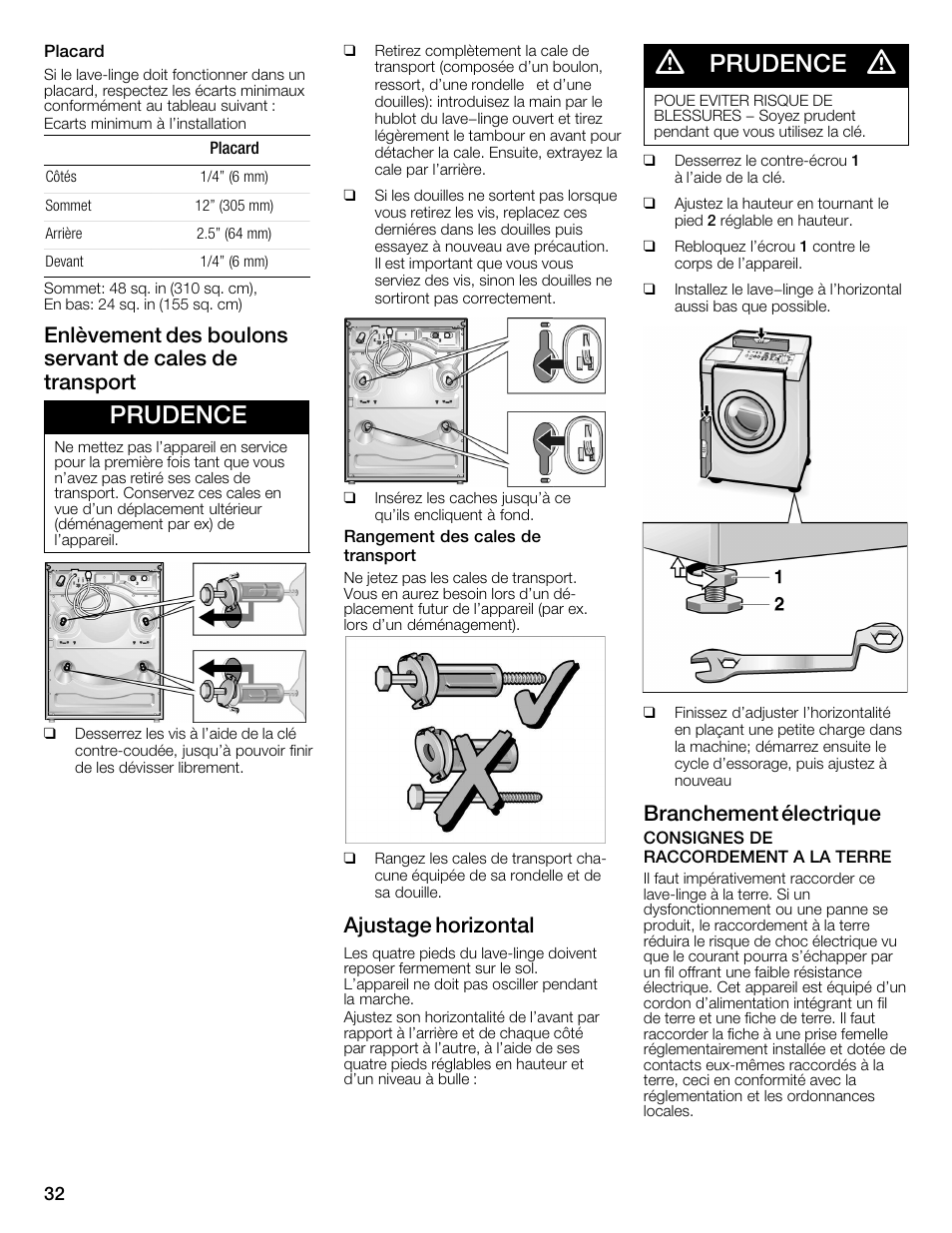 Prudence, Ajustage horizontal, Branchement électrique | Bosch WFMC4301UC User Manual | Page 32 / 80