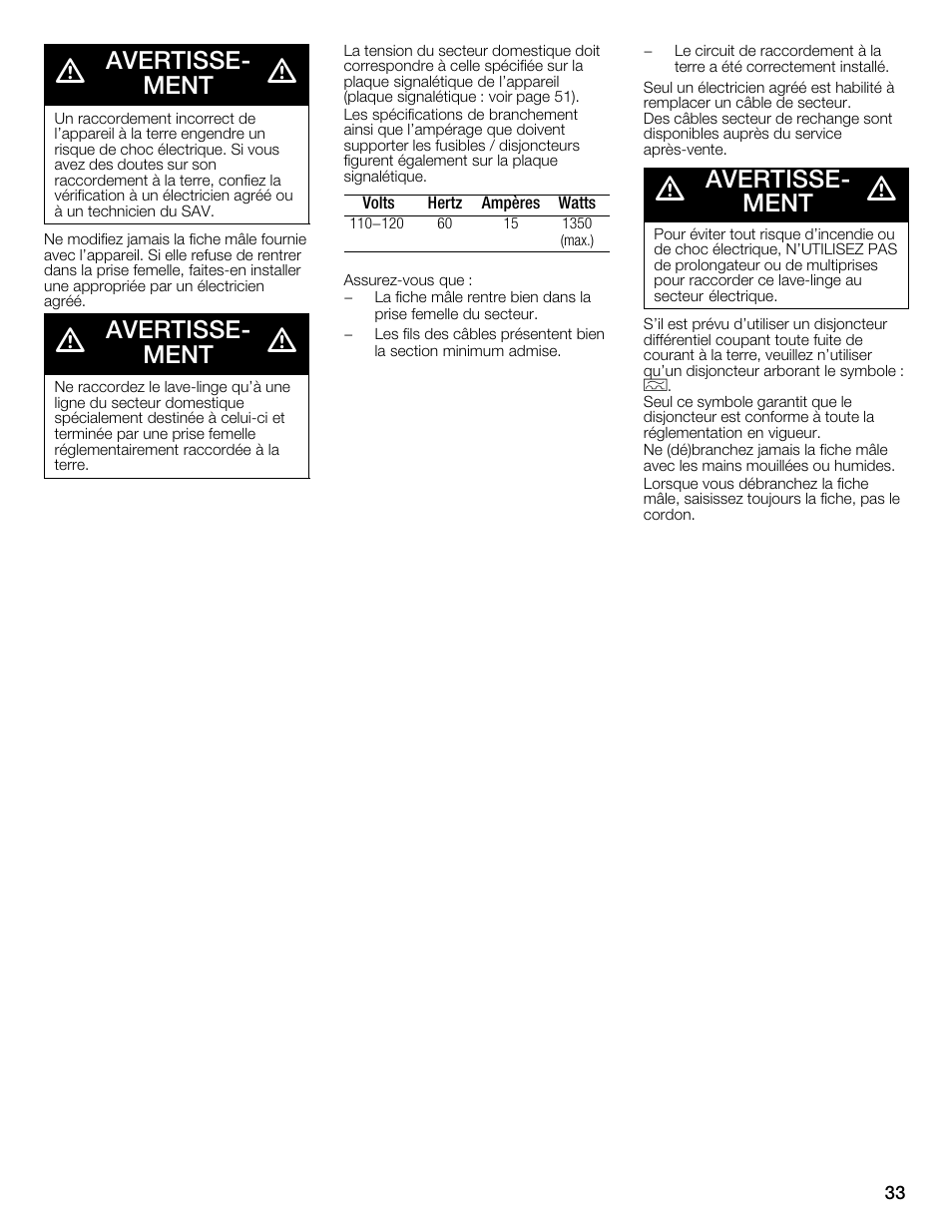 Avertisseć ment | Bosch WFMC4301UC User Manual | Page 33 / 80