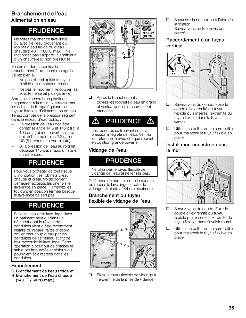 Prudence, Branchement de l'eau | Bosch WFMC4301UC User Manual | Page 35 / 80