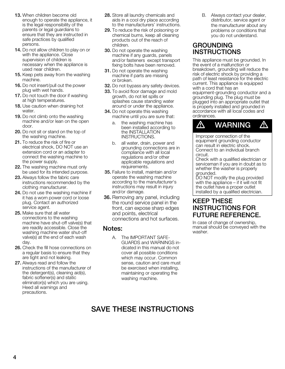 Warning, Save these instructions, Grounding instructions | Keep these instructions for future reference | Bosch WFMC4301UC User Manual | Page 4 / 80