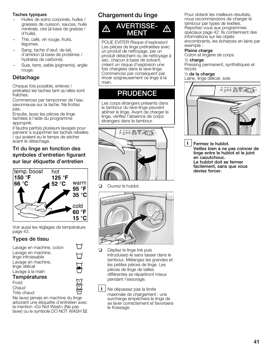 Avertisseć ment, Prudence, Chargement du linge | Bosch WFMC4301UC User Manual | Page 41 / 80