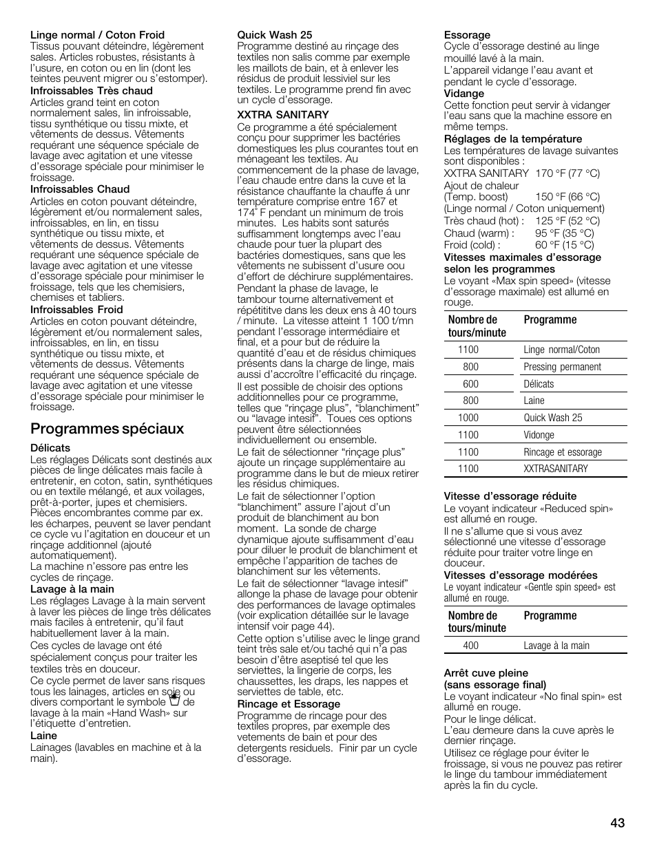 Programmes spéciaux | Bosch WFMC4301UC User Manual | Page 43 / 80