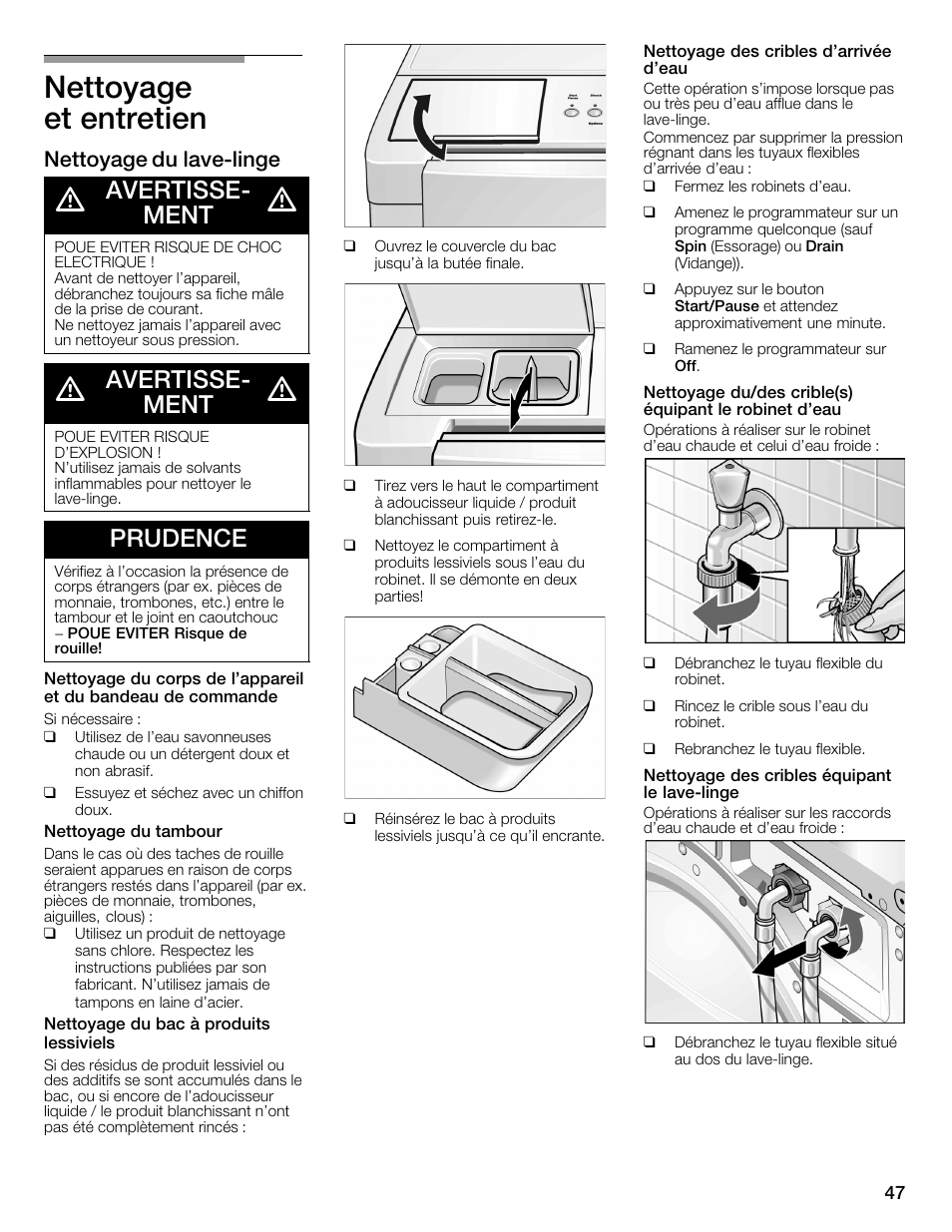 Nettoyage et entretien, Avertisseć ment, Prudence | Nettoyage du lavećlinge | Bosch WFMC4301UC User Manual | Page 47 / 80