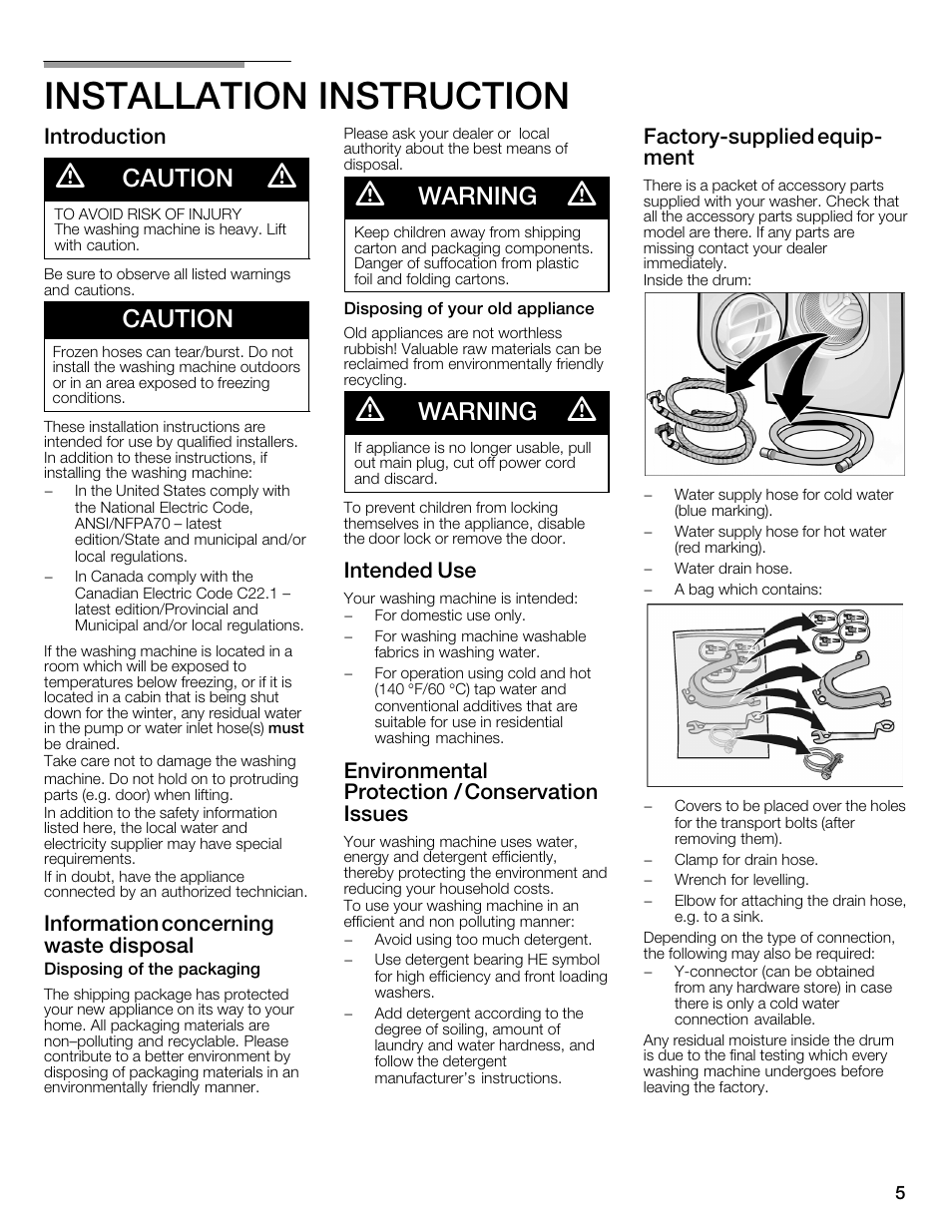 Installation instruction, Caution, Warning | Introduction, Information concerning waste disposal, Intended use, Environmental protection / conservation issues, Factoryćsupplied equipć ment | Bosch WFMC4301UC User Manual | Page 5 / 80