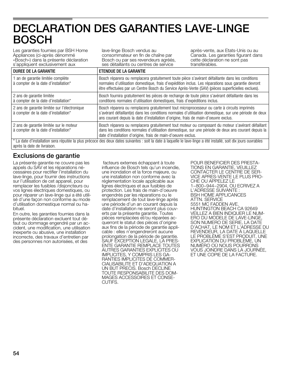 Declaration des garanties lavećlinge bosch, Exclusions de garantie | Bosch WFMC4301UC User Manual | Page 54 / 80