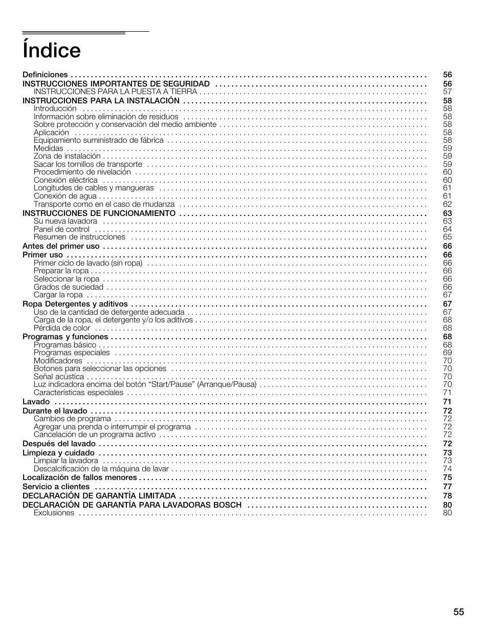 Índice | Bosch WFMC4301UC User Manual | Page 55 / 80