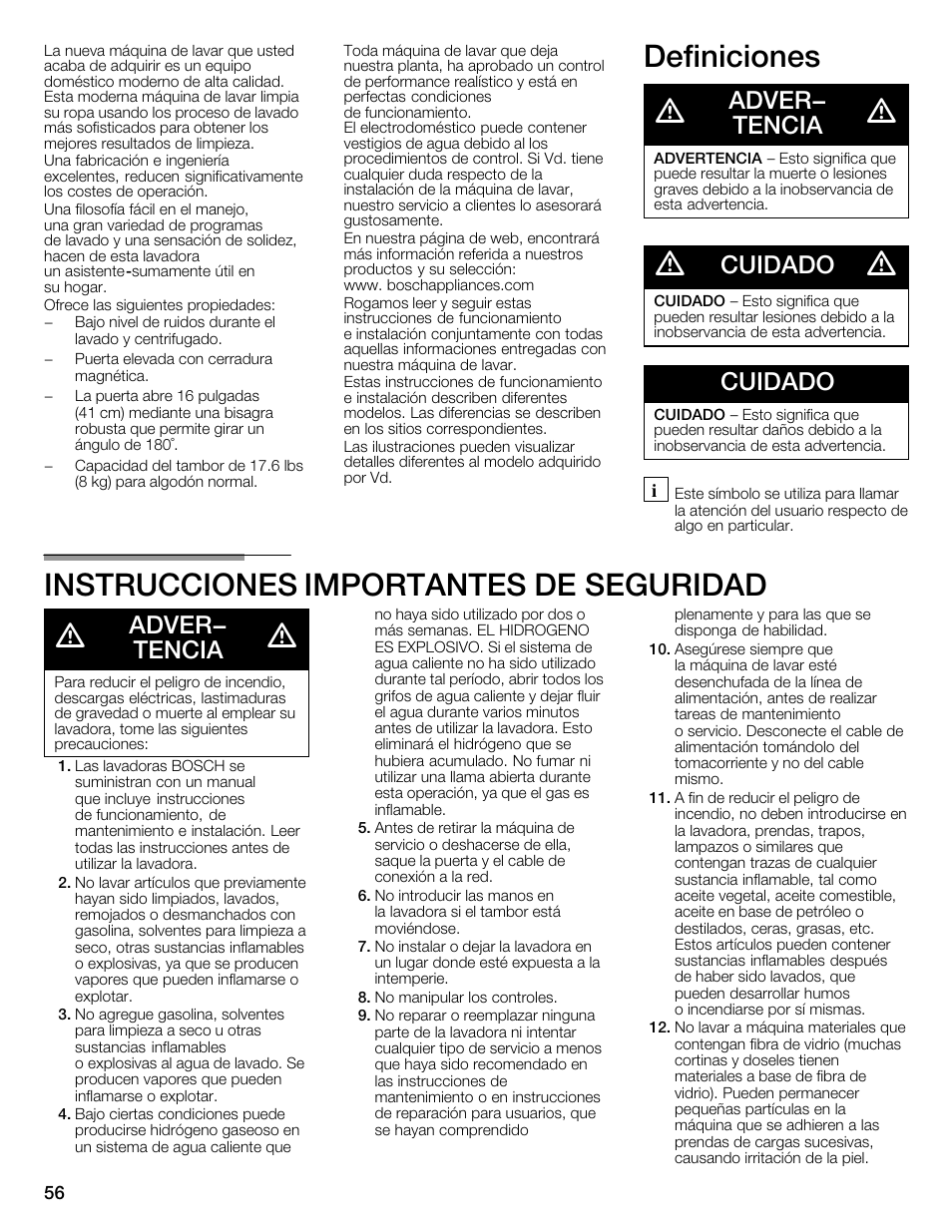 Definiciones d, Instrucciones importantes deăseguridad d, Adver- tencia | Cuidado | Bosch WFMC4301UC User Manual | Page 56 / 80