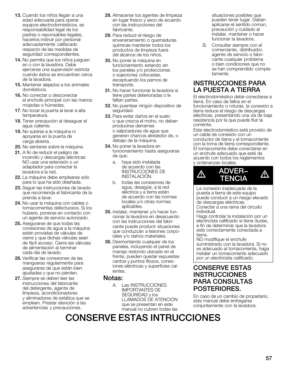 Conserve estas intrucciones, Adver- tencia, Notas | Instrucciones para la puesta aătierra | Bosch WFMC4301UC User Manual | Page 57 / 80