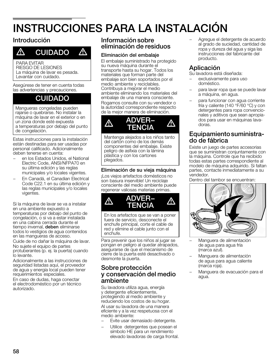 Instrucciones para la instalación, Cuidado, Adver- tencia | Introducción, Información sobre eliminación de residuos, Sobre protección yăconservación del medio ambiente, Aplicación, Equipamiento suministrać do de fábrica | Bosch WFMC4301UC User Manual | Page 58 / 80