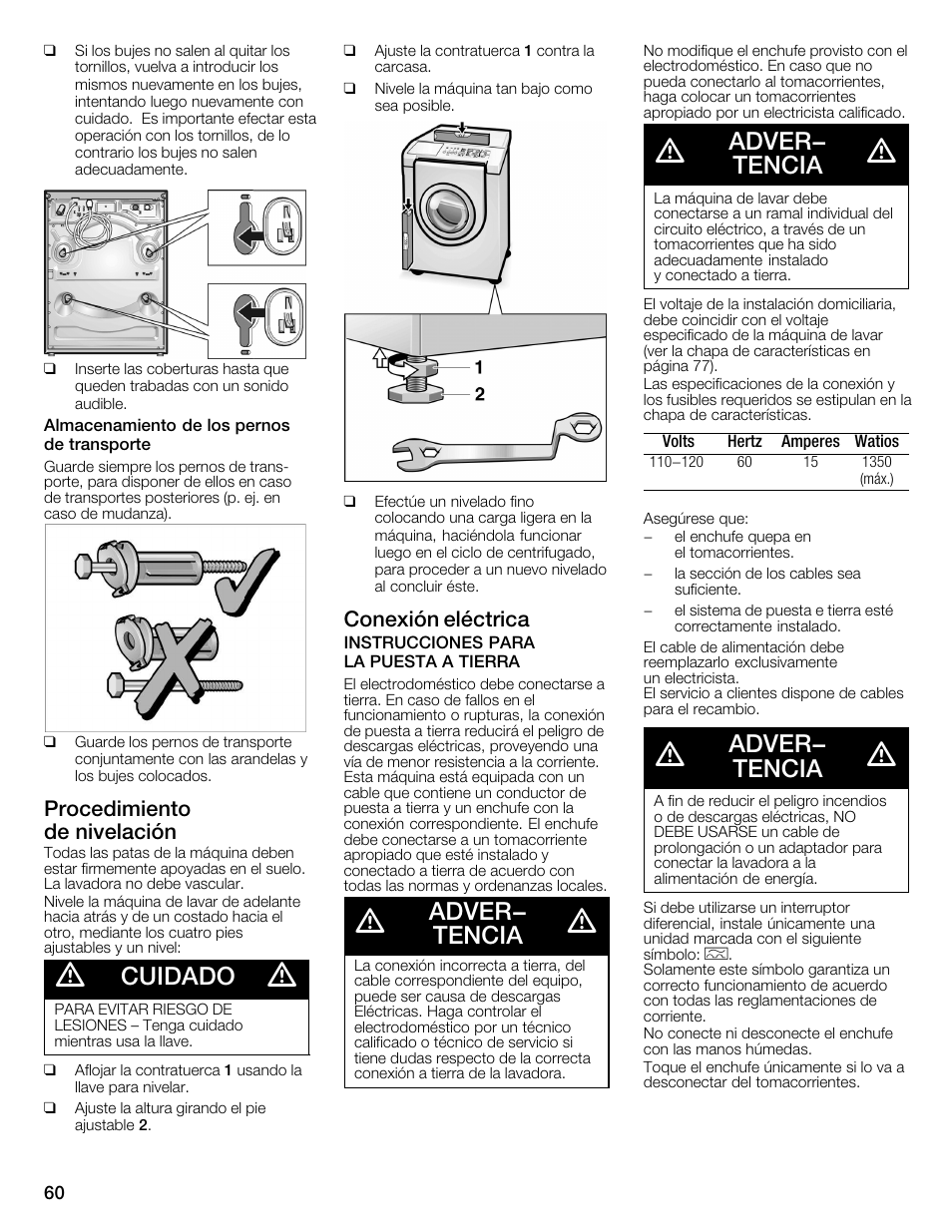 Cuidado, Adver- tencia, Procedimiento deănivelación | Conexión eléctrica | Bosch WFMC4301UC User Manual | Page 60 / 80