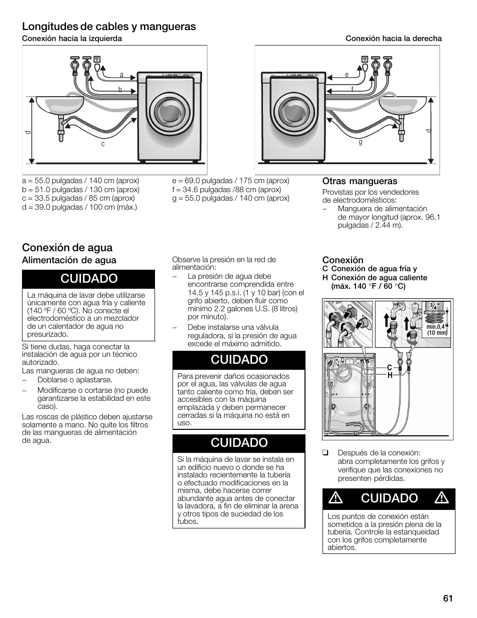 Cuidado, Longitudes de cables y mangueras, Conexión de agua | Bosch WFMC4301UC User Manual | Page 61 / 80