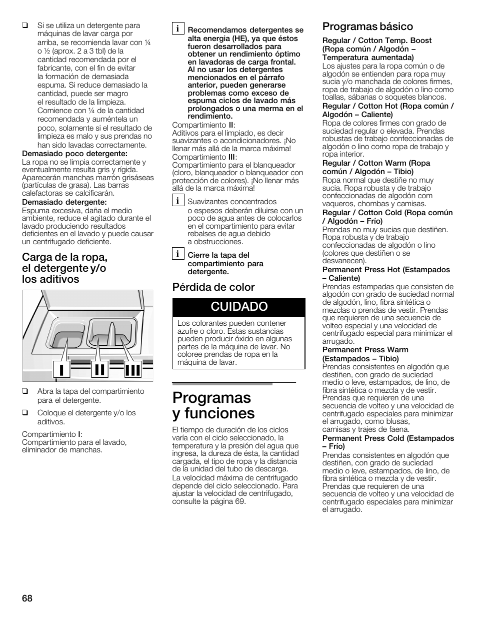 Programas yăfunciones, Cuidado, Carga de la ropa, elădetergente y/o losăaditivos | Pérdida de color, Programas básico | Bosch WFMC4301UC User Manual | Page 68 / 80