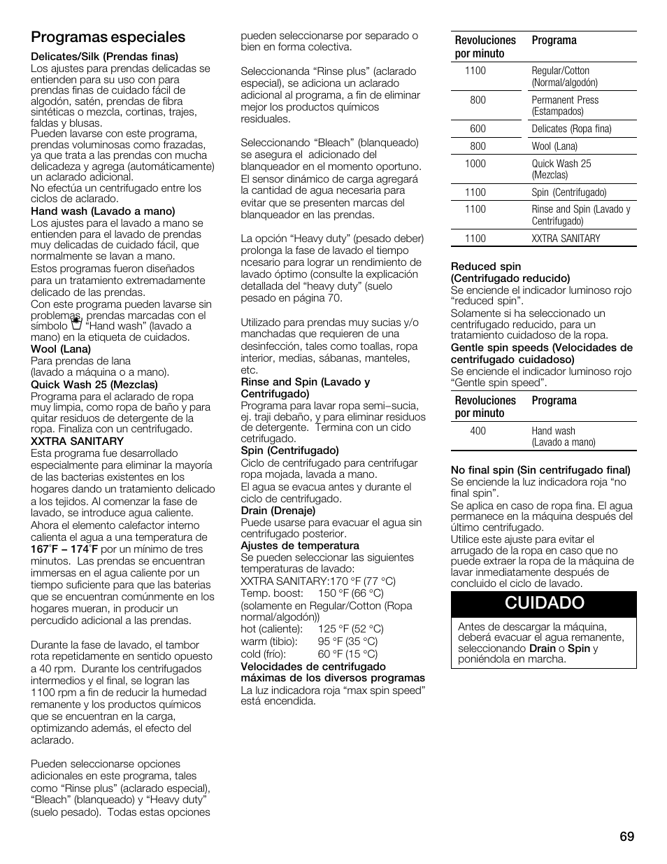 Cuidado, Programas especiales | Bosch WFMC4301UC User Manual | Page 69 / 80