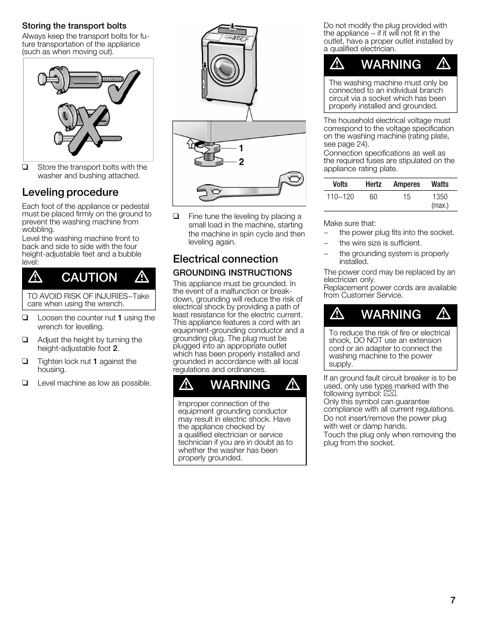 Caution, Warning, Leveling procedure | Electrical connection | Bosch WFMC4301UC User Manual | Page 7 / 80