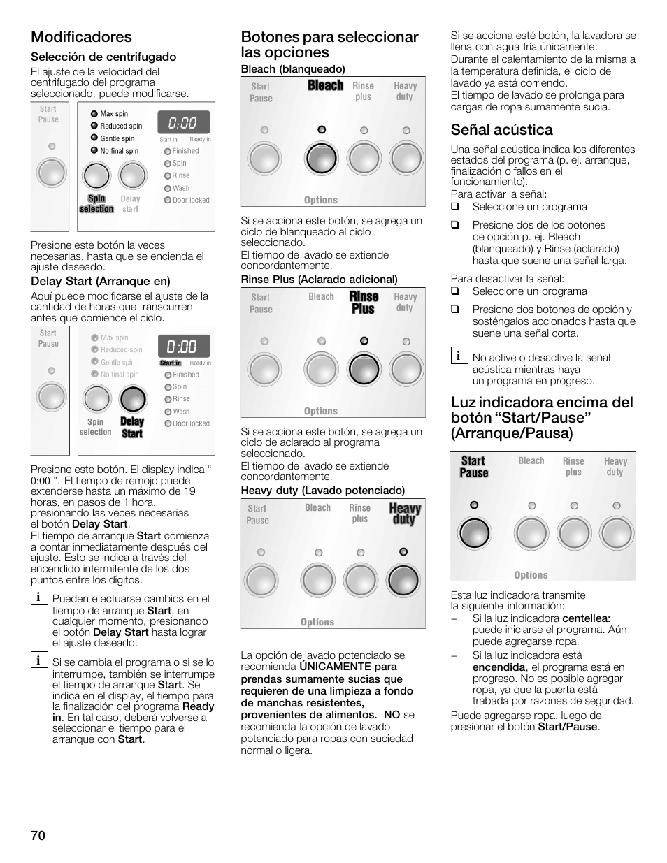 Modificadores, Botones para seleccionar las opciones, Señal acústica | Bosch WFMC4301UC User Manual | Page 70 / 80