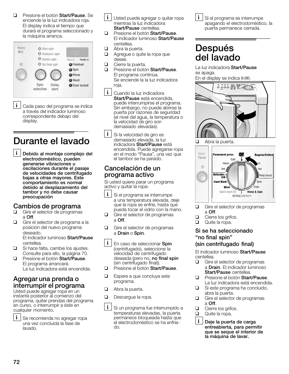 Durante elălavado, Después delălavado, Cambios de programa | Agregar una prenda o interrumpir el programa, Cancelación de un programa activo | Bosch WFMC4301UC User Manual | Page 72 / 80