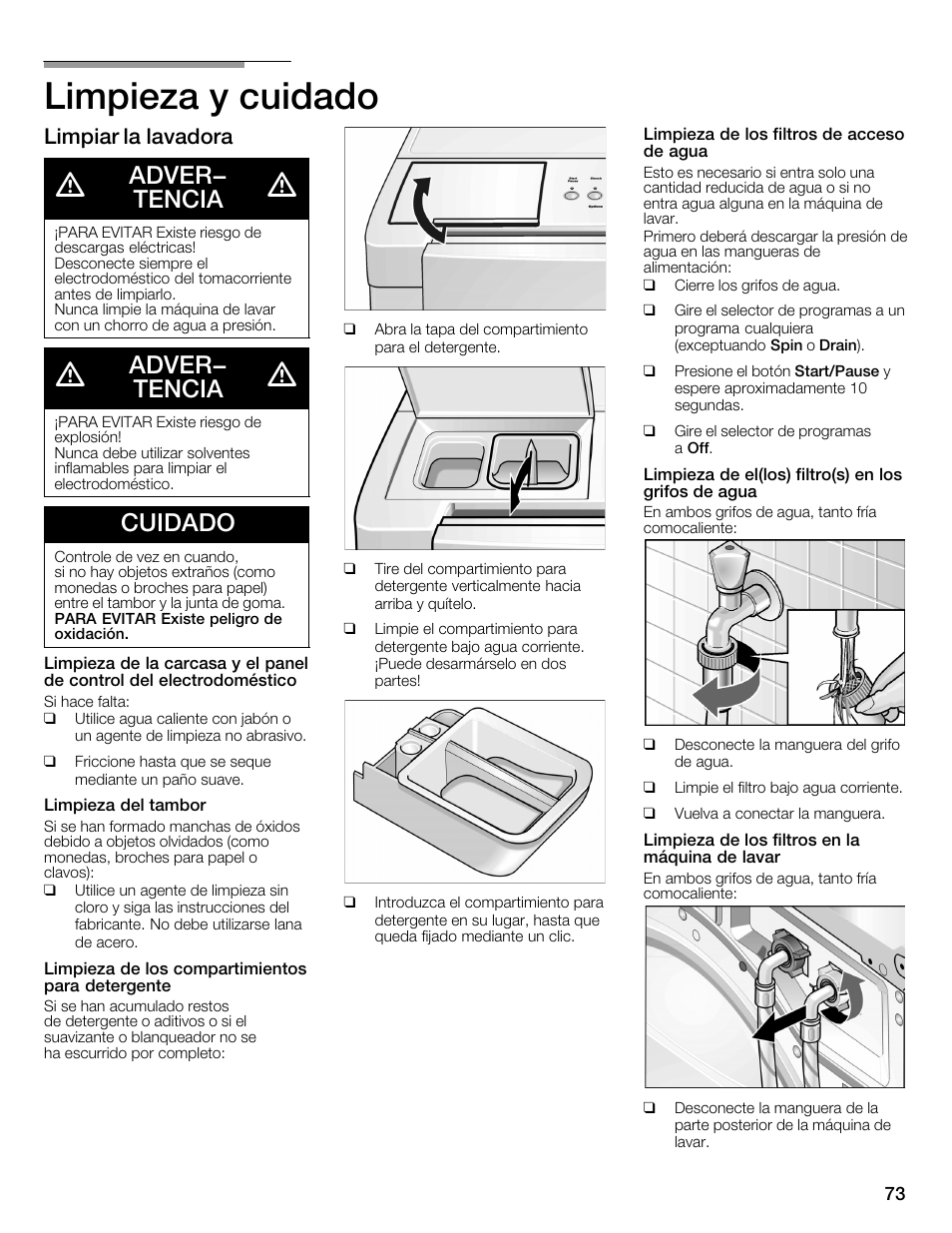 Limpieza y cuidado, Adver- tencia, Cuidado | Limpiar la lavadora | Bosch WFMC4301UC User Manual | Page 73 / 80