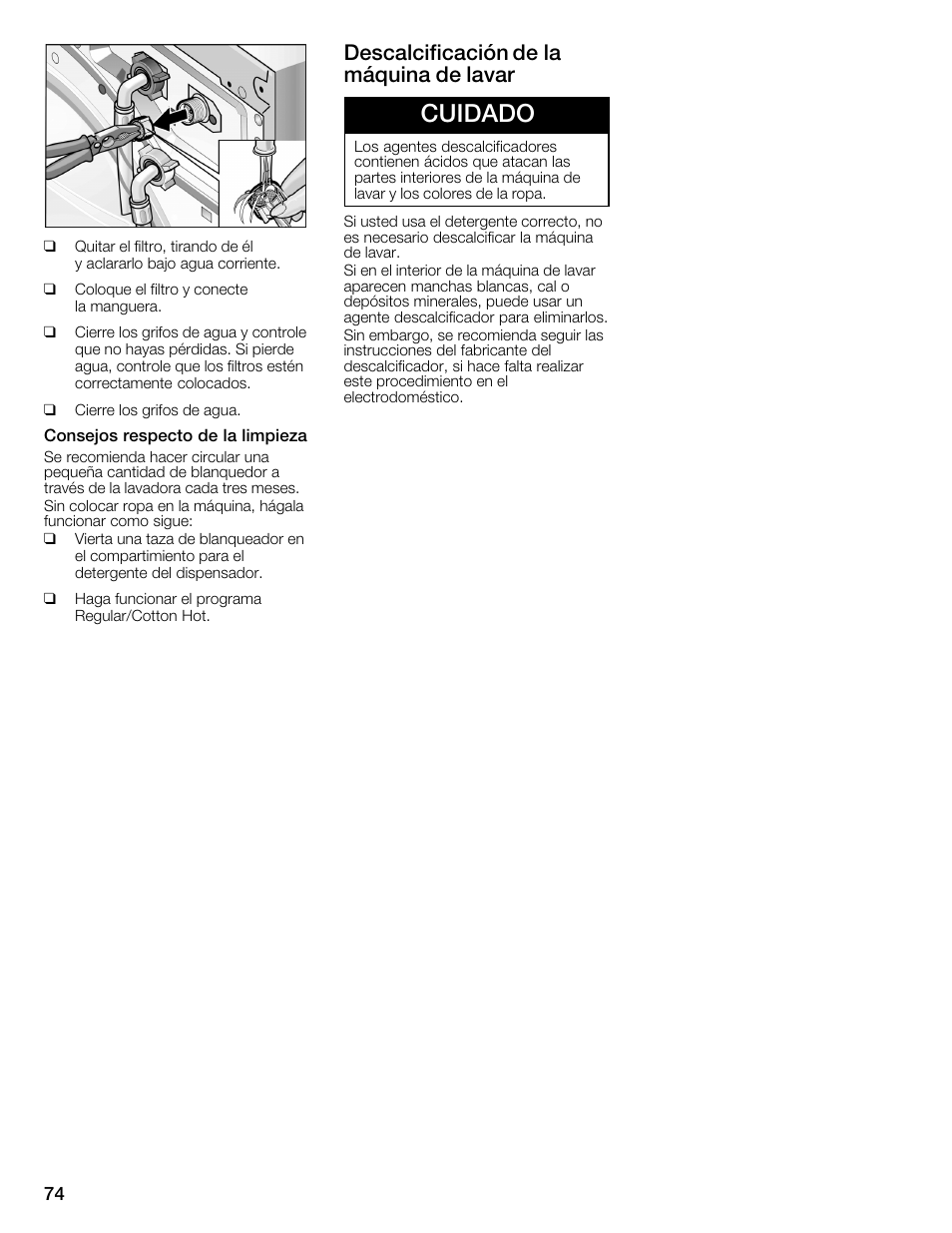 Cuidado, Descalcificación de la máquina de lavar | Bosch WFMC4301UC User Manual | Page 74 / 80