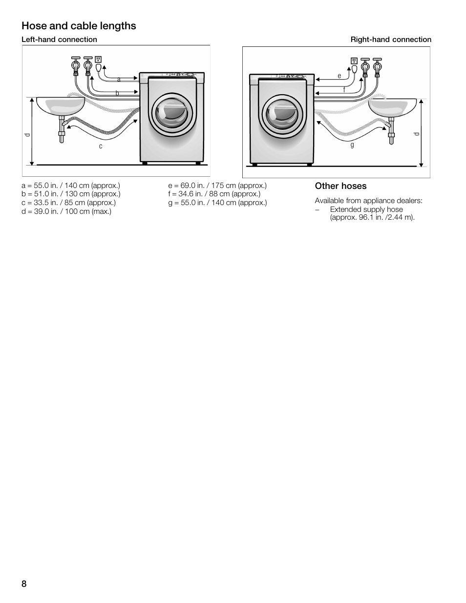 Hose and cable lengths | Bosch WFMC4301UC User Manual | Page 8 / 80