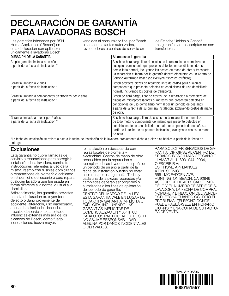 Declaración de garantía paraălavadoras bosch, Exclusiones | Bosch WFMC4301UC User Manual | Page 80 / 80