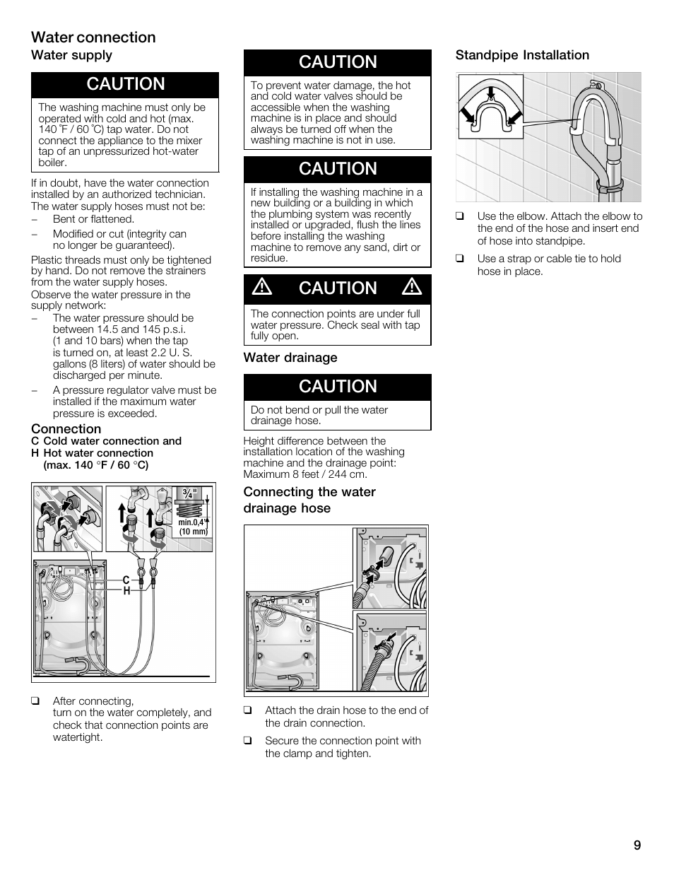 Caution, Water connection | Bosch WFMC4301UC User Manual | Page 9 / 80