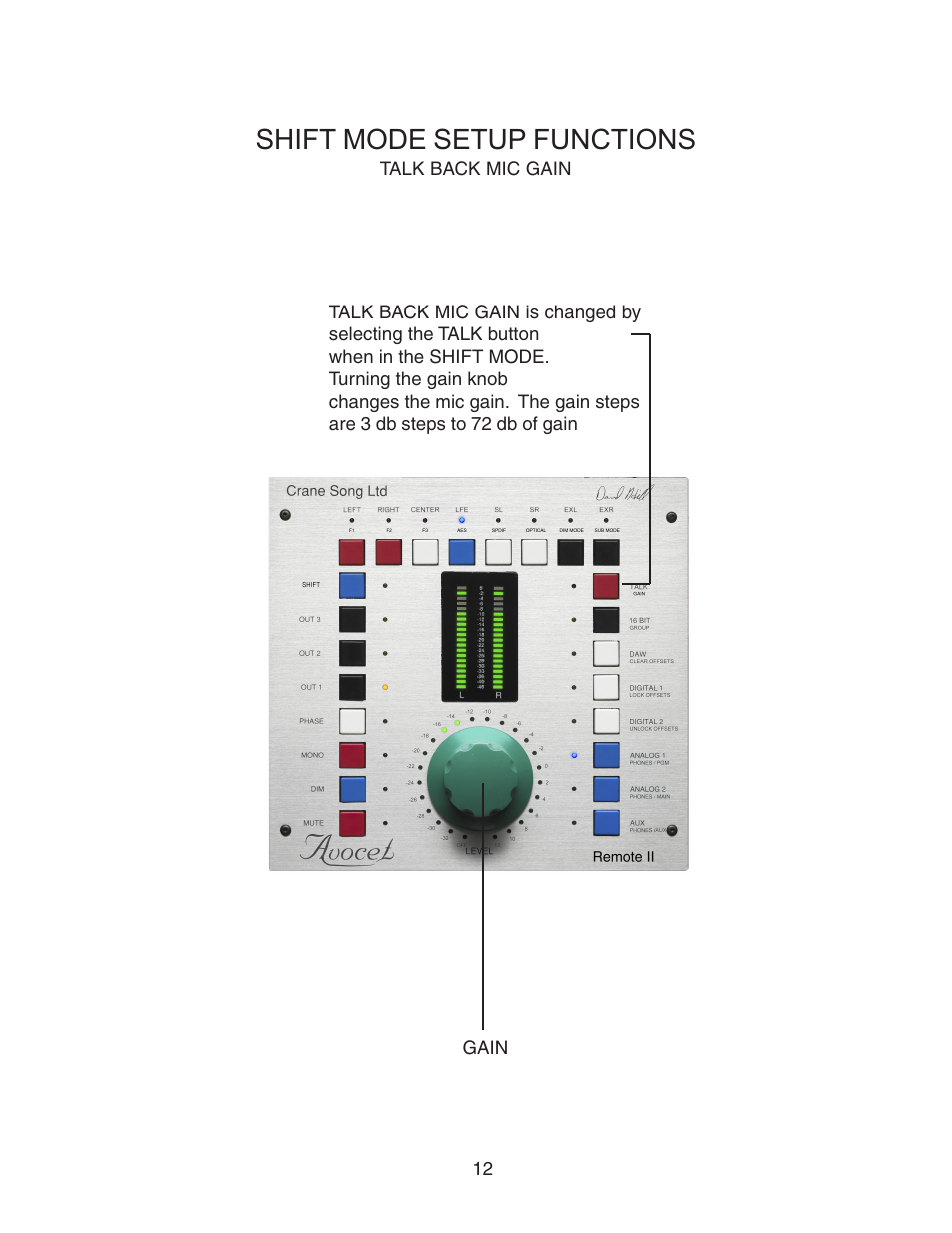 Shift mode setup functions | Crane Song AVOCET II User Manual | Page 12 / 56