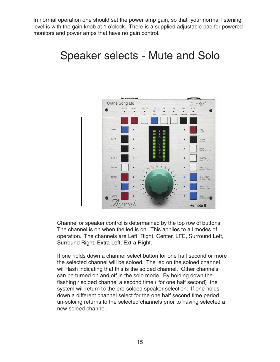 Speaker selects - mute and solo | Crane Song AVOCET II User Manual | Page 15 / 56