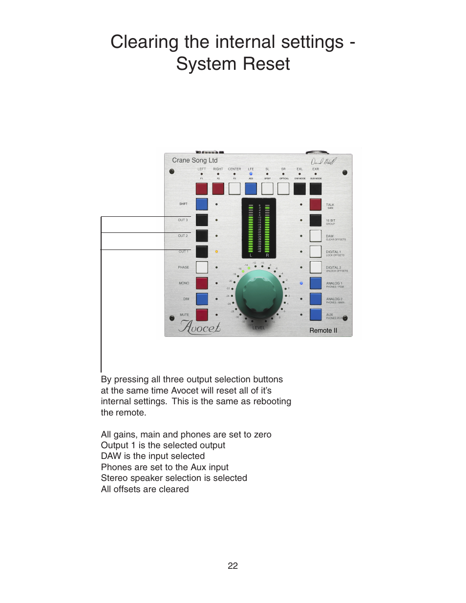 Clearing the internal settings - system reset | Crane Song AVOCET II User Manual | Page 22 / 56