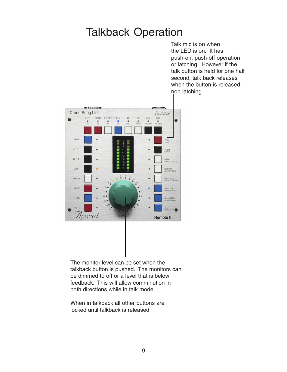 Talkback operation | Crane Song AVOCET II User Manual | Page 9 / 56