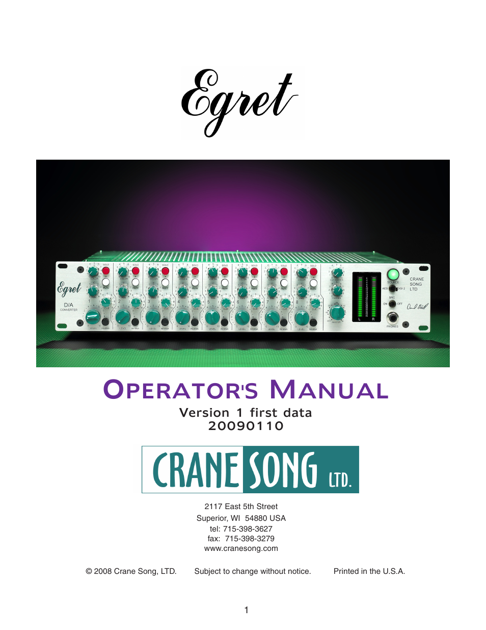 Crane Song EGRET User Manual | 15 pages