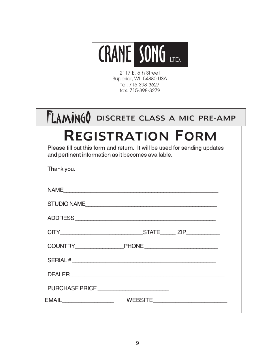 Crane song, Egistration | Crane Song FLAMINGO User Manual | Page 9 / 9