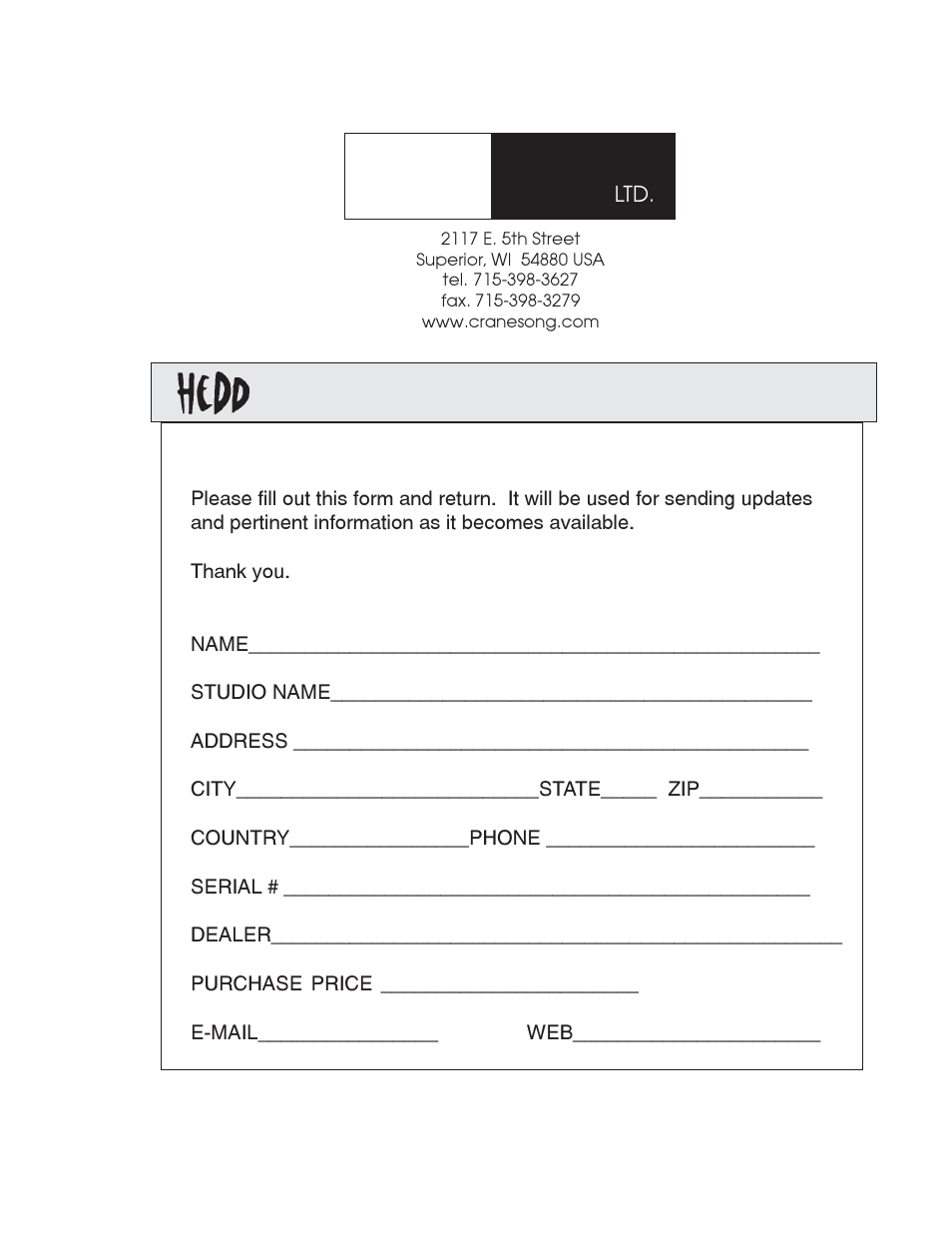Crane song, Egistration | Crane Song HEDD 192 User Manual | Page 16 / 16