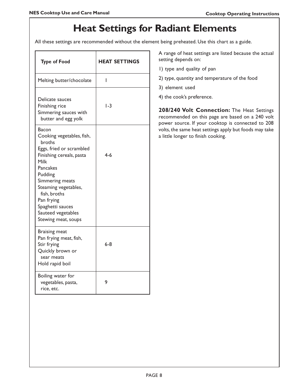 Heat settings for radiant elements | Bosch NES 730 UC User Manual | Page 10 / 48