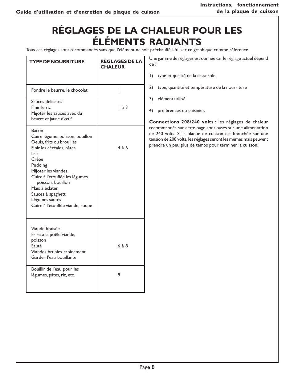 Réglages de la chaleur pour les éléments radiants | Bosch NES 730 UC User Manual | Page 26 / 48