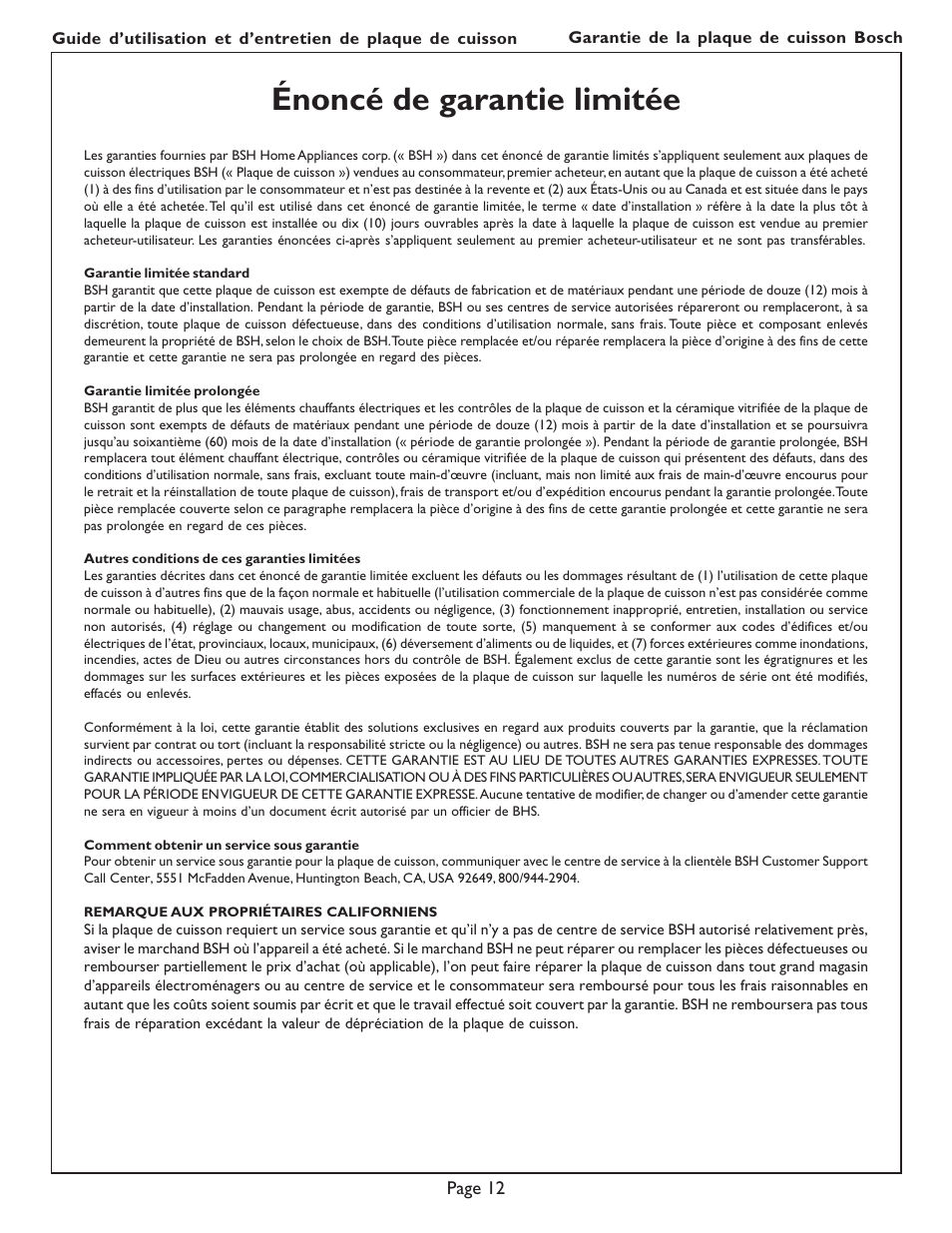 Énoncé de garantie limitée | Bosch NES 730 UC User Manual | Page 30 / 48