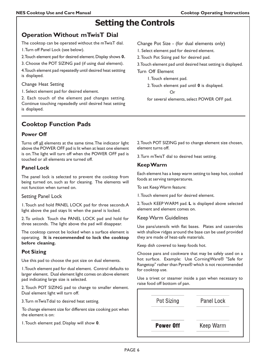 Setting the controls, Cooktop function pads, Operation without mtwist dial | Bosch NES 730 UC User Manual | Page 8 / 48