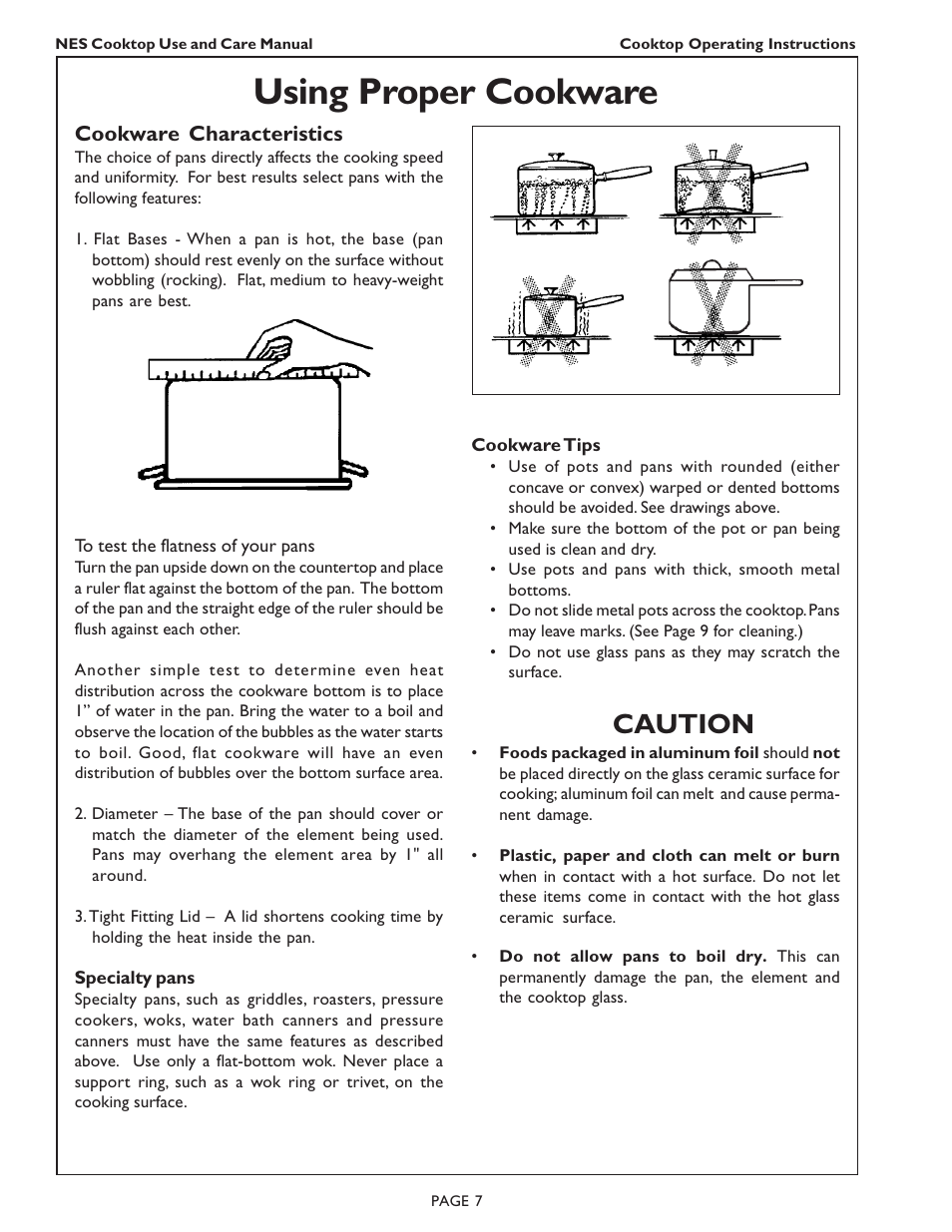 Using proper cookware, Caution | Bosch NES 730 UC User Manual | Page 9 / 48