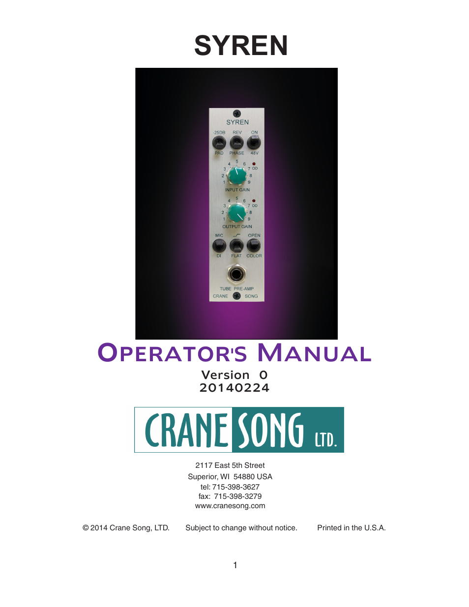 Crane Song SYREN User Manual | 5 pages