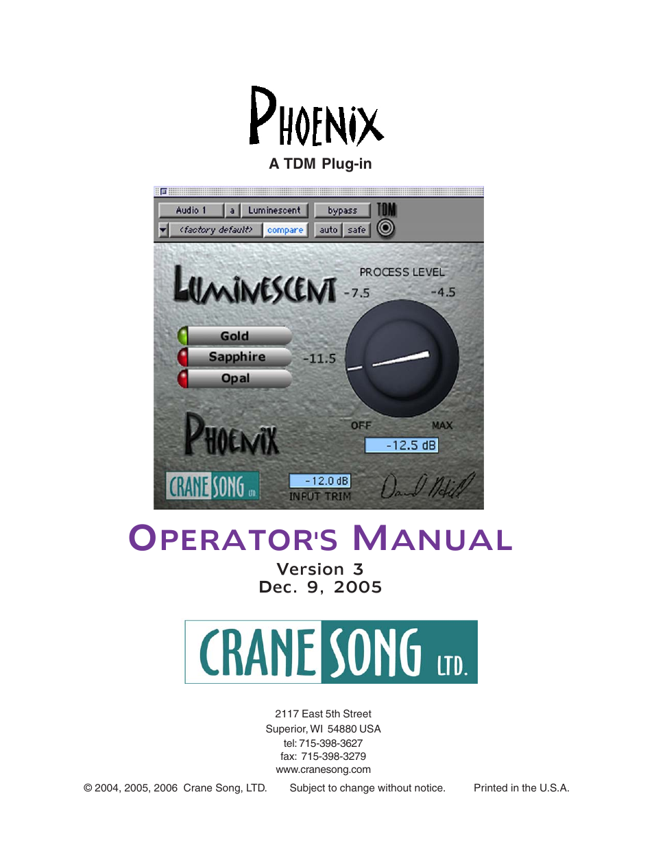 Crane Song Phoenix I User Manual | 7 pages