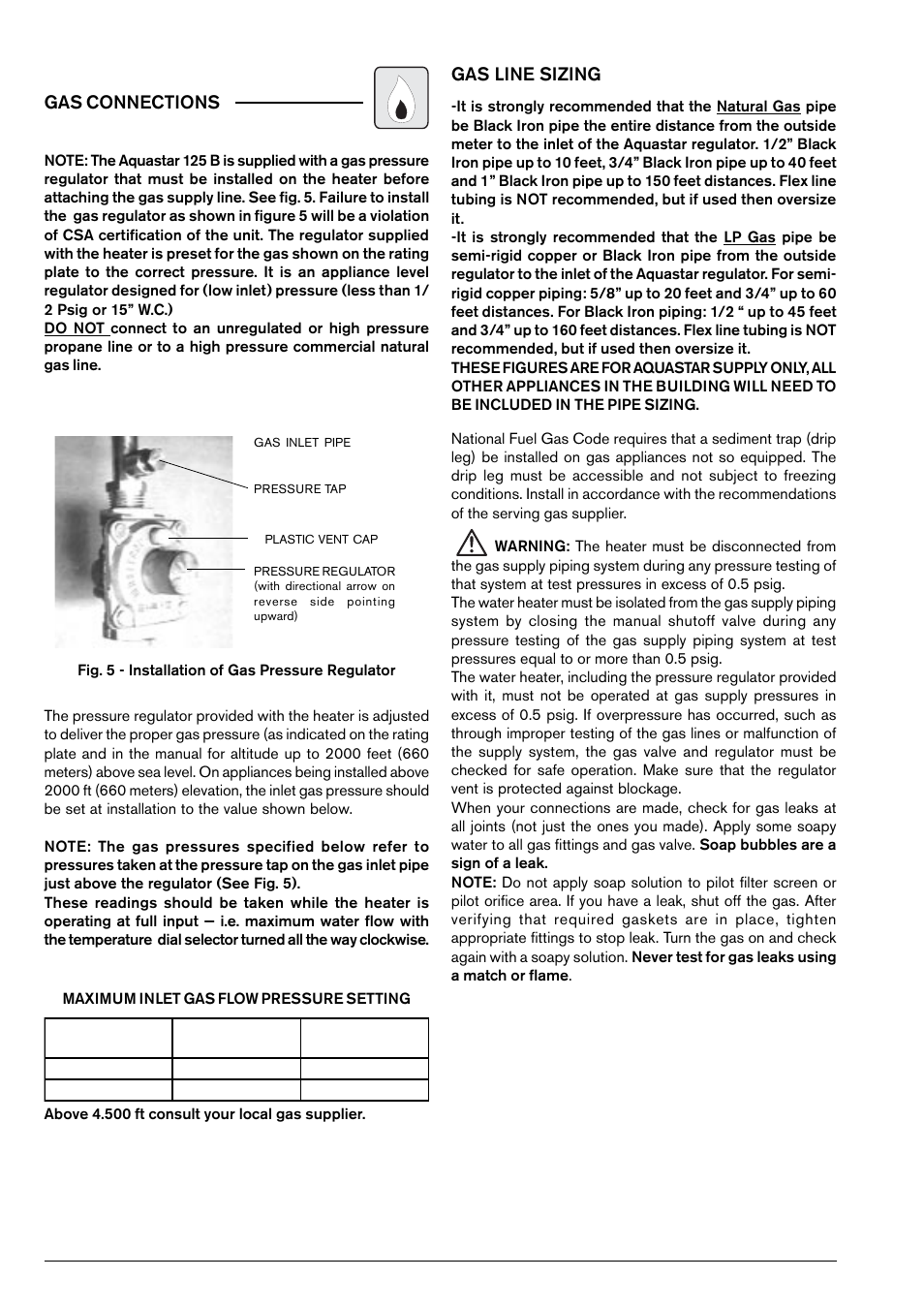 Gas line sizing, Gas connections | Bosch 125B LP User Manual | Page 10 / 24